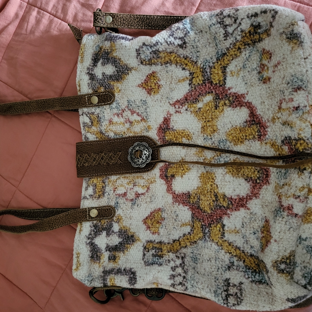 Myra Bag Brown and Cream Tote with Ornate Design